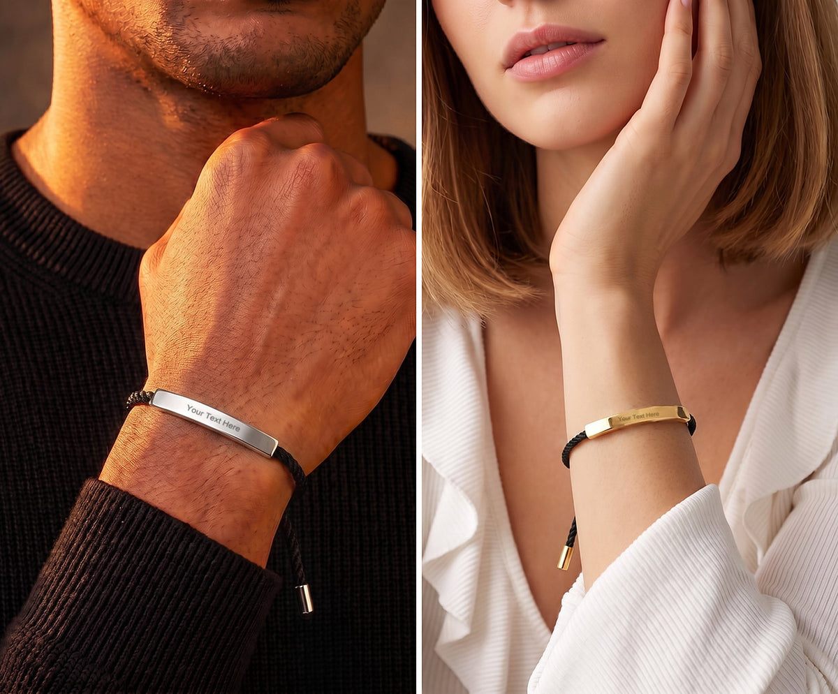 Cord bracelet on two wrists, silver and gold, Your Text Here centred on each plate